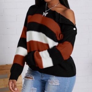 Off 1 Shoulder button up the shoulder or unbuttons Striped Patchwork Sweater